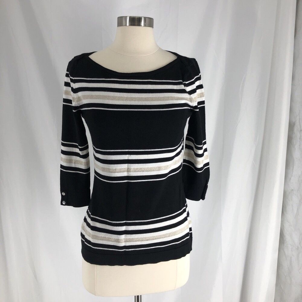 White House Black Market Boatneck Sweater, Sz small 3/4 Sleeve Black And White